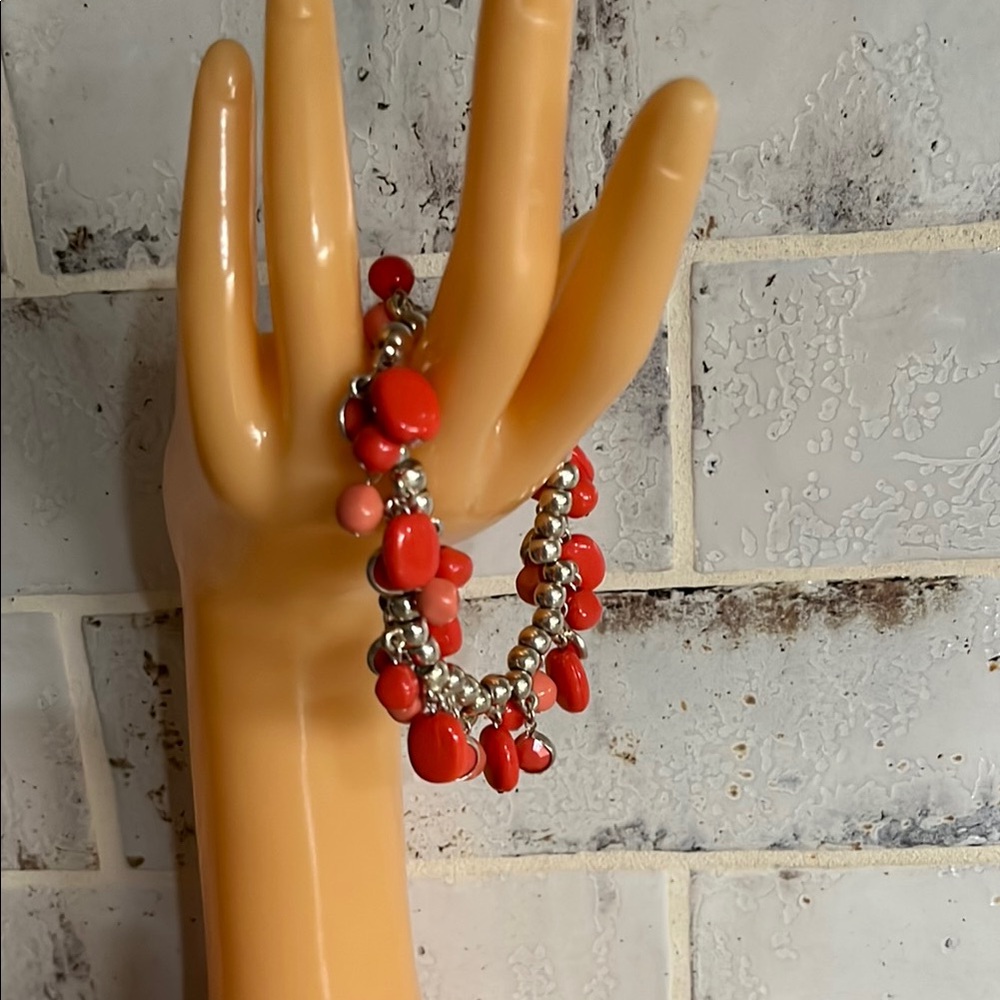 Red Beaded Slip On Elastic Bracelet with Silver Charms